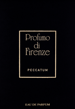 Czarne, minimalistyczne opakowanie Profumo di Firenze Peccatum unisex woda perfumowana z dużą złotą etykietą.