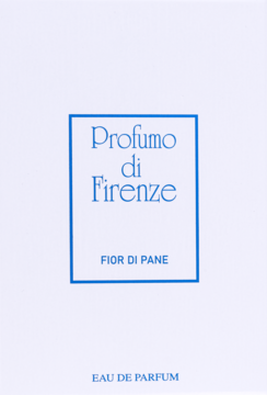 Biała kartka z błękitnym napisem Profumo di Firenze Fior di Pane Eau de Parfum w kwadracie, widok z przodu.