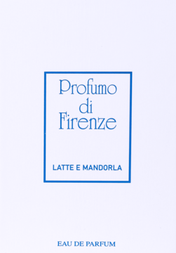 Biała karta zapachu Profumo di Firenze Latte e Mandorla Eau de Parfum, z niebieskimi napisami i ramką.