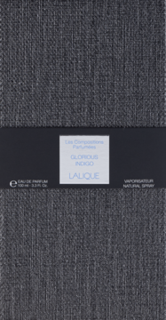 Lalique Glorious Indigo Les Compositions Parfumées, ciemnoszare pudełko z teksturą tkaniny, przód.