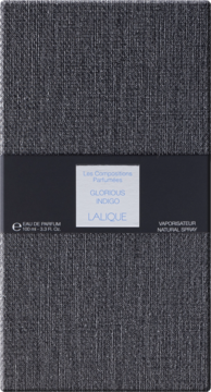 Lalique Glorious Indigo woda perfumowana 100ml. Ciemnoszare, teksturowane opakowanie z czarnym pasem, widok z przodu.