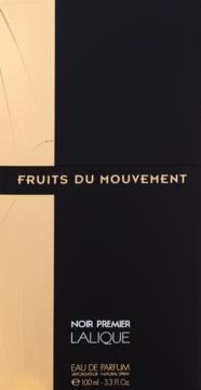 Czarno-złote opakowanie perfum Lalique Noir Premier Fruits Du Mouvement 1977, pionowe ujęcie z przodu.