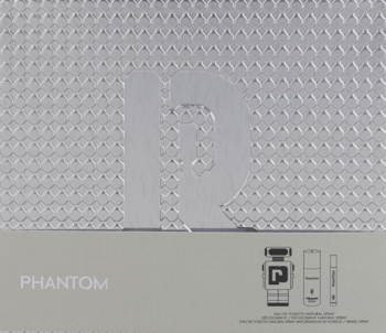 Srebrne opakowanie zestawu Paco Rabanne Phantom, z metaliczną teksturą, dużą literą D i rysunkiem robota, widok z przodu.