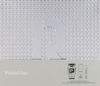 Zbliżenie na górę pudełka zestawu Paco Rabanne Phantom. Srebrne, fakturowane opakowanie z logo "P" i napisem PHANTOM.