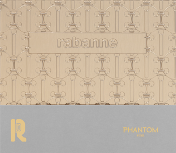 Paco Rabanne Phantom Intense zestaw dla mężczyzn w złoto-szarym pudełku z eleganckim wzorem, widok z przodu.