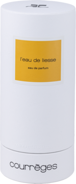 Białe cylindryczne opakowanie Courrèges L'Eau De Liesse eau de parfum z żółtą etykietą, widok z przodu.