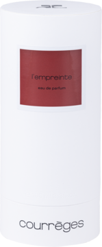 Courrèges L'Empreinte Eau de Parfum w białej cylindrycznej butelce z czerwoną etykietą, widok z przodu.