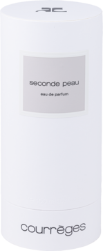 Biała, cylindryczna butelka perfum Courrèges Seconde Peau eau de parfum, z szarą etykietą, widok z przodu.