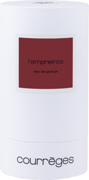 Biała cylindryczna butelka perfum Courrèges L'Empreinte eau de parfum unisex z czerwoną etykietą, widok z przodu.
