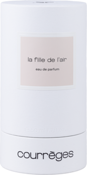 Courrèges La Fille de L'Air eau de parfum w białym cylindrycznym opakowaniu z różową etykietą, widok z przodu.
