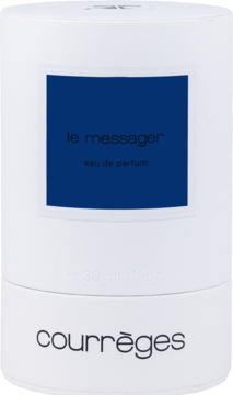 Courrèges Le Messager, biała butelka eau de parfum unisex 30ml z granatową etykietą, widok z przodu.