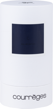 Białe cylindryczne opakowanie perfum Courrèges C eau de parfum, z ciemnym panelem i logo, widok z przodu.