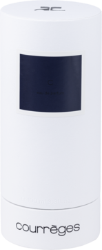 Front view of white cylindrical Courrèges C eau de parfum box with dark blue label and logo on top.