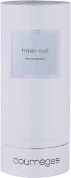 Courrèges Hyper Oud woda perfumowana, białe cylindryczne opakowanie 100ml z szarym napisem, widok przodem.
