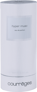 Courrèges Hyper Musc, białe, cylindryczne opakowanie wody perfumowanej unisex, z szarą etykietą, widok z przodu.