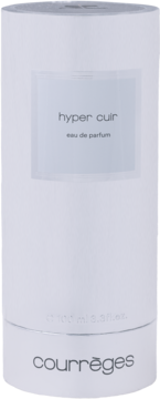 Biały, cylindryczny flakon Courrèges Hyper Cuir Eau de Parfum 100ml. Widok z przodu z szarym napisem i logo Courrèges.