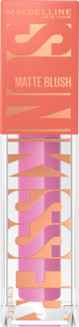 Maybelline Sunkisser Matte Blush Lilac Clouds. Płynny róż w przezroczystej tubce, koralowa nakrętka.