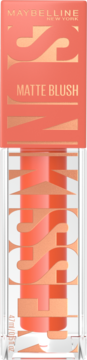 Maybelline New York Sunkisser Matte Blush Peachy Quench, płynny róż w tubce z widocznym wzorem 'S'.