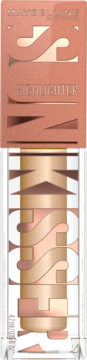 Pionowe ujęcie Maybelline Sunkisser rozświetlacza w płynie All Star, transparentna butelka, złoto-różowe wnętrze.