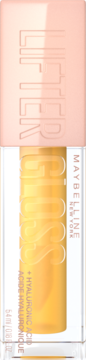 Maybelline Lifter Gloss Honey, nawilżający błyszczyk z kwasem hialuronowym w przezroczystej tubce, widok z przodu.
