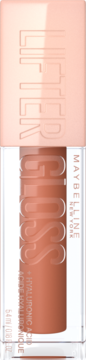 Maybelline Lifter Gloss Toffee, błyszczyk z kwasem hialuronowym w brązowym odcieniu, przezroczysta tubka, widok z przodu.