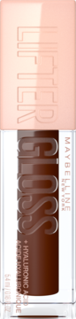 Błyszczyk Maybelline Lifter Gloss Toast, brązowy, z kwasem hialuronowym, w przezroczystej tubce i jasnoróżową nakrętką.