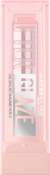 Maybelline Lifter Glaze, różowy balsam do ust w przezroczystym, prostokątnym opakowaniu, widok z przodu.