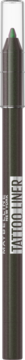 Automatyczna kredka Maybelline Tatoo Gel Liner 823, ciemny korpus, zielona końcówka. Widok z przodu, lekko rozmyty.