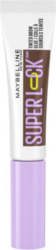 Maybelline Super Lock Tinted Brow Glue Deep Brown, white tube, brown label, lilac cap, front view.