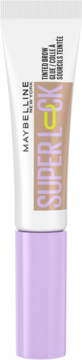 Maybelline Super Lock Tinted Brow Glue w odcieniu Taupe, biała tubka z fioletową nakrętką, widok z przodu.