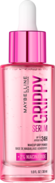 Maybelline Grippy Serum: różowy primer z 2% niacynamidem, szklana butelka z różową pipetą, widok z przodu.
