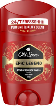 Czerwony dezodorant w sztyfcie Old Spice Epic Legend, zapach Bourbon Vanilla, widok z przodu. 24/7 FRESSSHHH.
