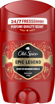 Czerwony dezodorant w sztyfcie Old Spice Epic Legend, zapach Bourbon Vanilla, widok z przodu. 24/7 FRESSSHHH.