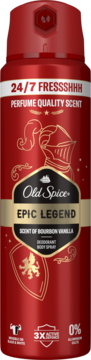 Czerwony dezodorant Old Spice Epic Legend z wanilią Bourbon, widok z przodu, złoty hełm rycerza, 0% soli aluminium.