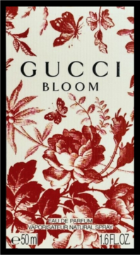 Gucci Bloom EDP 50ml, damska woda perfumowana, kremowe pudełko z czerwonym florystycznym wzorem, przód.