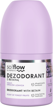 So!flow fioletowy dezodorant roll-on z betainą o zapachu owoców leśnych, widok z przodu.