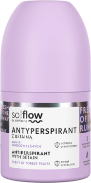 Jasnofioletowy antyperspirant so!flow z betainą, roll-on, zapach owoców leśnych, widok z przodu.