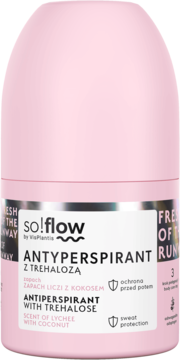 Różowy antyperspirant so!flow roll-on z trehalozą, zapach liczi i kokosa, widok z przodu, biała etykieta.