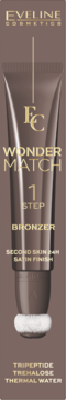 Eveline Wonder Match bronzer w brązowej tubce z gąbeczką, napis "1 STEP" i "SATIN FINISH".