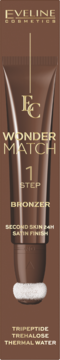 Eveline Wonder Match bronzer w brązowej tubce ze złotym napisem i aplikatorem gąbkowym, widok z przodu.