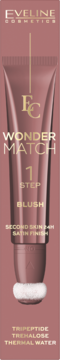 Eveline Wonder Match 1 Step Blush w różowej tubce z aplikatorem-gąbką, satynowe wykończenie, widok z przodu.