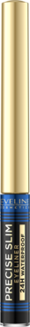 Eveline Precise Slim, czarny, matowy eyeliner w płynie, złoty kapsel, niebieskie detale, widok z przodu.