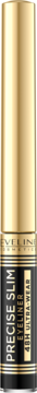Eveline Precise Slim Eyeliner: złota nakrętka, czarny korpus z białym napisem, widok z przodu.