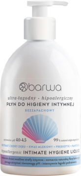 Biała butelka Barwa Hipoalergiczny Płyn do Higieny Intymnej z pompką, bezzapachowy, z muszlą.