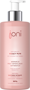 Różowy płyn Joni do higieny intymnej z pompką, kwas mlekowy i probiotyk, 99% naturalny, widok z przodu.