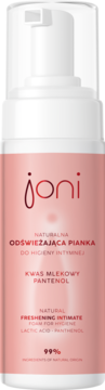 Różowa pianka Joni do higieny intymnej z kwasem mlekowym i pantenolem, widok z przodu opakowania.