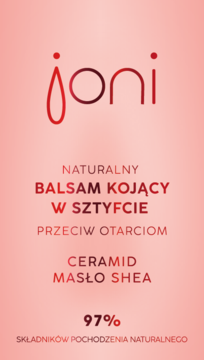 Jasnoróżowa grafika Joni, balsam kojący w sztyfcie przeciw otarciom, z ceramidami i masłem shea. 97% naturalny.