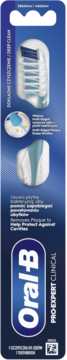 Opakowanie Oral-B Pro-Expert Clinical manualna szczoteczka, niebieskie, z białym logo i widokiem główki szczoteczki.