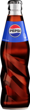 Butelka Pepsi Cola z niebieską etykietą, okrągłym logo, srebrnym kapslem i spiralnym wzorem szkła.