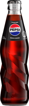 Butelka Pepsi Zero Cukru, napój cola, ciemny płyn, czarna etykieta z logo, unikalny skręcony kształt, widok z przodu.